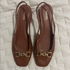 Anacapri Brown Leather Slingback Flats with Gold Hardware